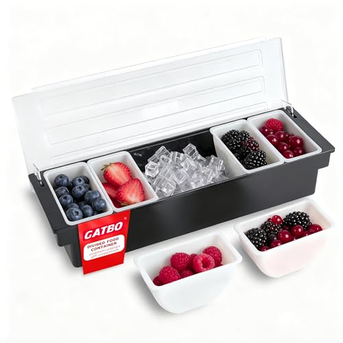 GATBO Ice Cooled Garnish Tray Removable Compartment Condiment Chilled Containers with Lid for Pizza Toppings Fruits Salad Dips for Bar Garnish Caddy Home Party Restaurant(6 X 412ml)