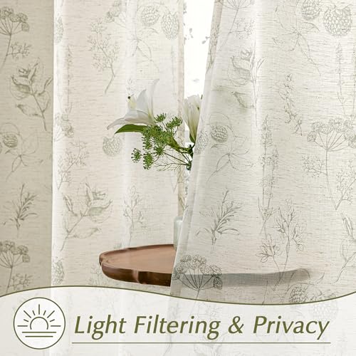 Image of FMFUNCTEX Linen Curtains Floral Patterned Curtain for Bedroom Living Room, Sage Green Curtains 96 Inches Long Farmhouse, Light Filtering Beige Window Curtain Grommet Top 2 Panels Set