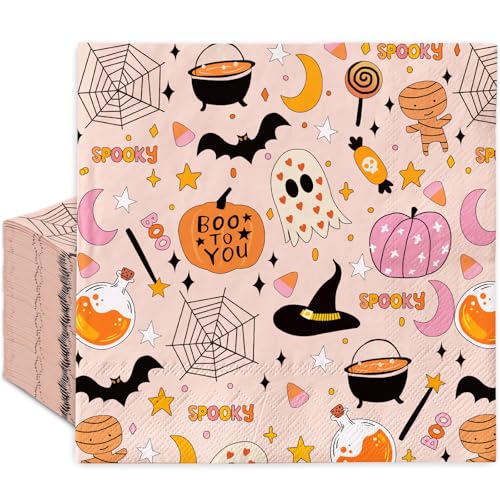 JarThenaAMCS Paquete de 50 servilletas de papel de Halloween, diseño de dibujos animados, fantasma, calabaza, telaraña, telaraña, servilleta de almuerzo, color rosa, desechable, para postre, cena,