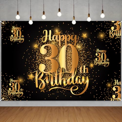Pancarta de feliz 30 cumpleaños negra y dorada con purpurina para fondo fotográfico de fiesta