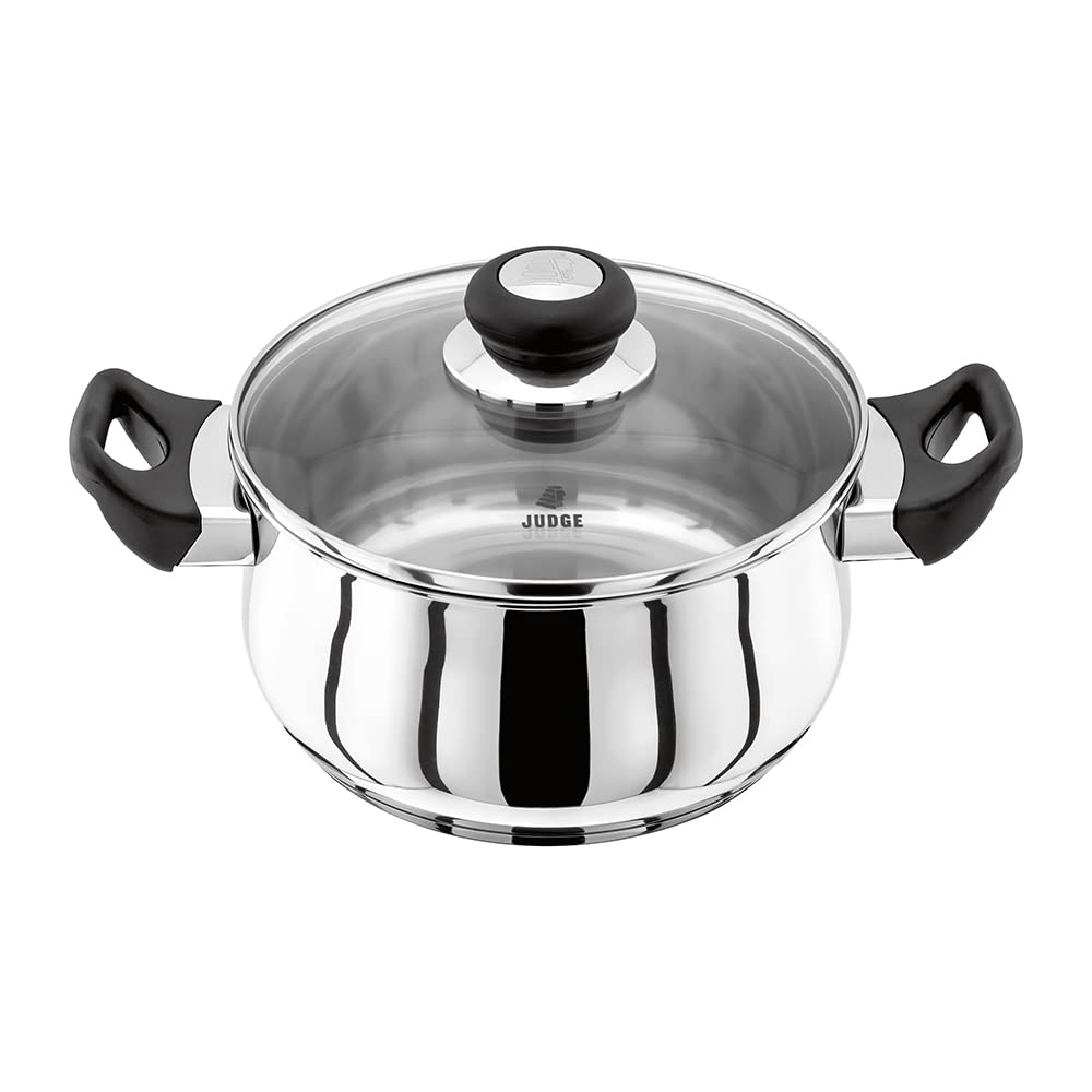 Judge Vista Stainless Steel Medium Casserole Pot with Twin Handles 20cm 2.4L, Shatterproof Vented Glass Lid, Induction Ready, Oven Safe