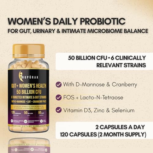 Image of Women's Probiotic 50 Billion CFU | Vaginal, Urinary Microbiome & Gut Health Support | 6 Strains Probiotic for Women with D-Mannose + Cranberry + LNT Prebiotic | 120 Capsules (60-Days)