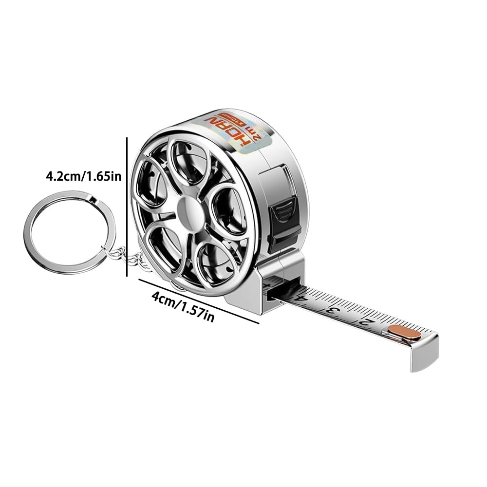 Cinta métrica compacta de acero inoxidable de 2 m métrica + llavero imperial de doble cara con - Mini regla duradera e impermeable - ideal para proyectos de bricolaje, oficina y carpintería (Plateado)