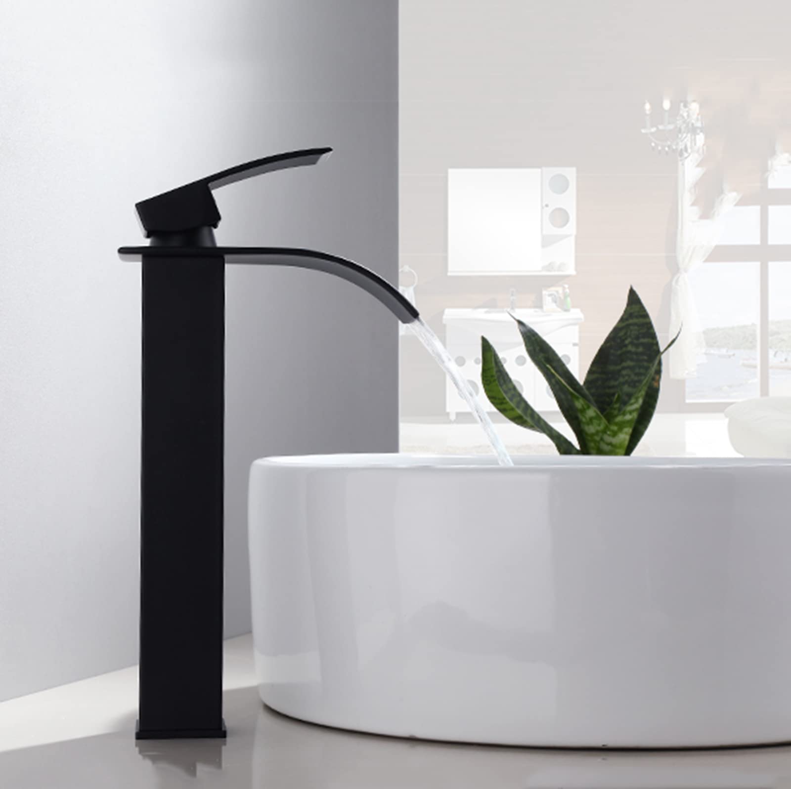 Mitigeur De Lavabo Cascade H18cm Pour Salle De Bains, Noir/Chrome