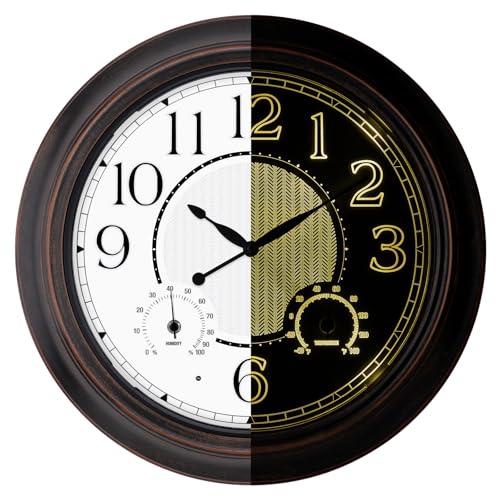 Koosome Illuminated Indoor Outdoor Clocks Waterproof with Thermometer and Hygrometer Combo, Large 18 Inch Retro Silent Battery Operated Waterproof Wall Clock for Patio Pool Garden Yard Home (Bronze)