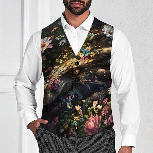 Dragon Gothic Floral Men's Suit Vests Business Formal Dress V-Neck Waistcoat Tops with 2 Pockets2