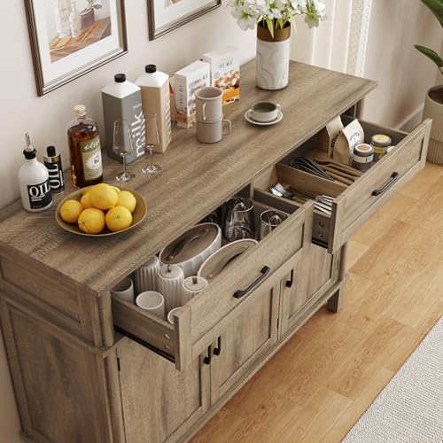 Image of ONBRILL 55 Inch Buffet Cabinet with Storage, Farmhouse Sideboard Buffet w /2 Drawers and 3 Doors, Coffee Bar Cabinet with Adjustable Shelves, Sideboard Storage for Kitchen, Living Room, Washed Grey