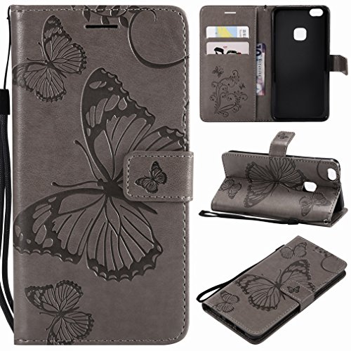 Laybomo Huawei P10 Lite Custodia PU Pelle Portafoglio Morbido TPU Silicone Magnetico Protezione Flip Cover Custodia per Huawei P10 Lite con Slot per Scheda ID, Farfalla (Grigio)