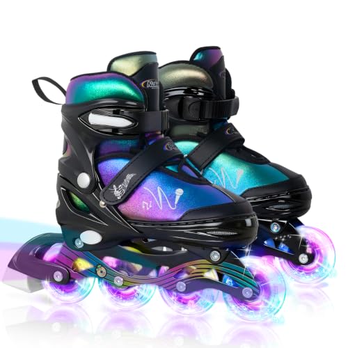 Nattork Adjustable Inline Skates for Kids & Teens with Flashing Light-Up Wheels, Gradient Color ABEC-7 Bearings for Smooth Glide, Safe & Durable Sizing Adjustable Skates Black