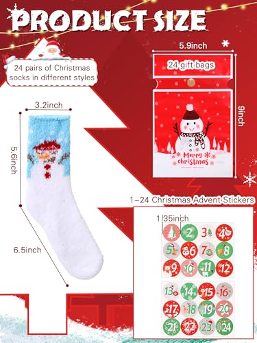 Image of Glitopper 24 Pairs Christmas Sock Advent Calendar 2025 Christmas Countdown Socks Set Include Xmas Fuzzy Socks Drawstring Gift Bags 24 Day Countdown Sticker for Women Men Adult