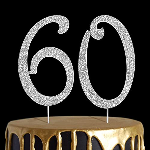 Number Cake Topper 60, Uniideco Silver Rhinestone Premium Metal Bling Bling Cake Decor, Sparkly Happy Birthday Wedding Anniversary Party Decoration Centerpiece #TOP9