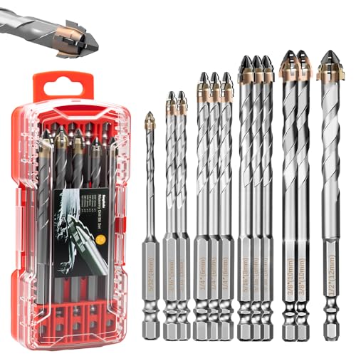 12-Piece Four Blade Serrated Eccentric Drill Bits, (5/32'-1/2') High Strength Carbide Masonry Drill Bit Set for Concrete, Tile, Brick, Glass, Wood, and Plastic