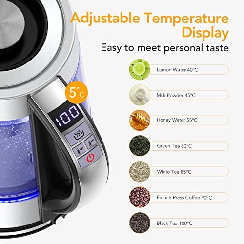 Electric Kettle Acekool 1.8L Glass Kettle with Stainless Steel Filter LED Lighting Adjustable Temperature 40-100 Auto Shut-Off and Boil-Dry Protection BPA-Free 1800W
