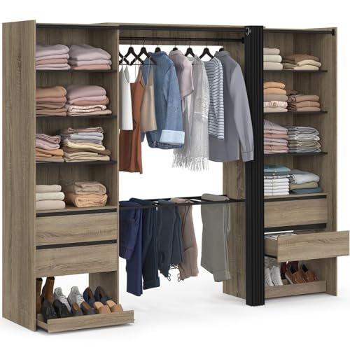 IDMarket - Dressing double XXL MERYL 220 cm avec porte pantalons + étagères + tiroirs + rangements à chaussures hêtre et noir