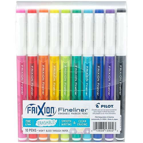 Image of Pilot FriXion Fineliner Erasable Marker Pens, Fine Point 0.7 mm, Pack of 10, Classic Colors, Erasable Pens - Ideal for School, Journaling, & Office Writing