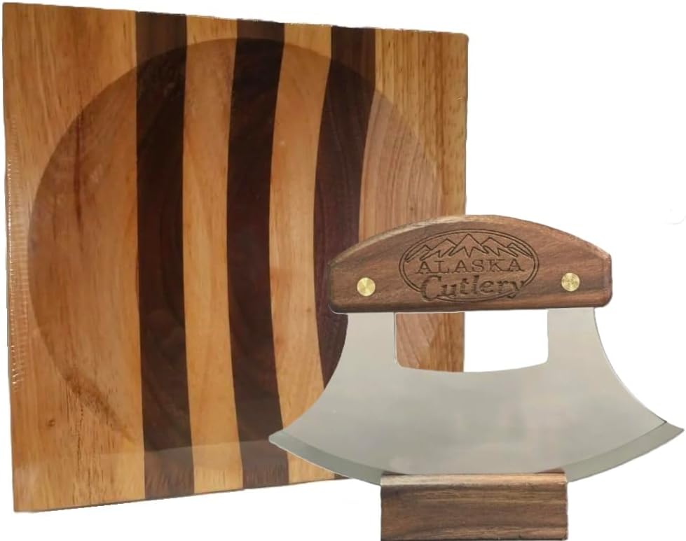 8" Block Ulu Bowl Knife Set Walnut Alaska Cutlery, 6.25" Inupiat Blade