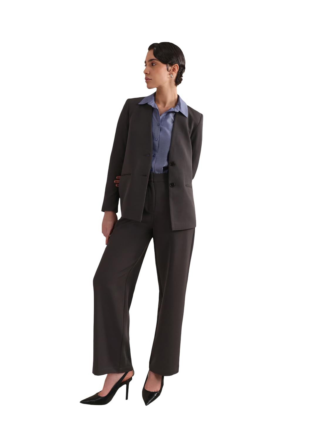 women formal blazer & trousers | tailored fit single-breasted design with notched lapel & full sleeves | smooth polyester blend for office wear & business casual