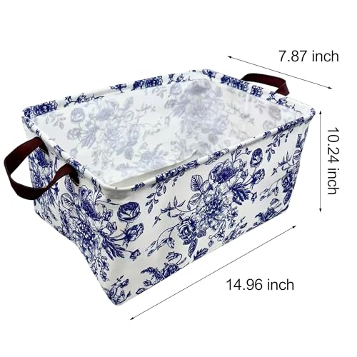 Image of Rectangle Storage Basket Cute Canvas Organizer Bin for Pet /Children Toys, Books, Clothes Perfect for Rooms /Playroom (Blue and White Porcelain)