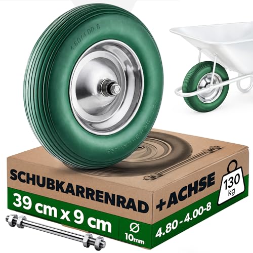 KADAX PU Schubkarrenrad 390 x 90 mm mit Achse und robuster Stahlfelge Schubkarre Rad pannensicheres Ersatzrad 4.80/4.00-8 aus Polyurethan für Schubkarren