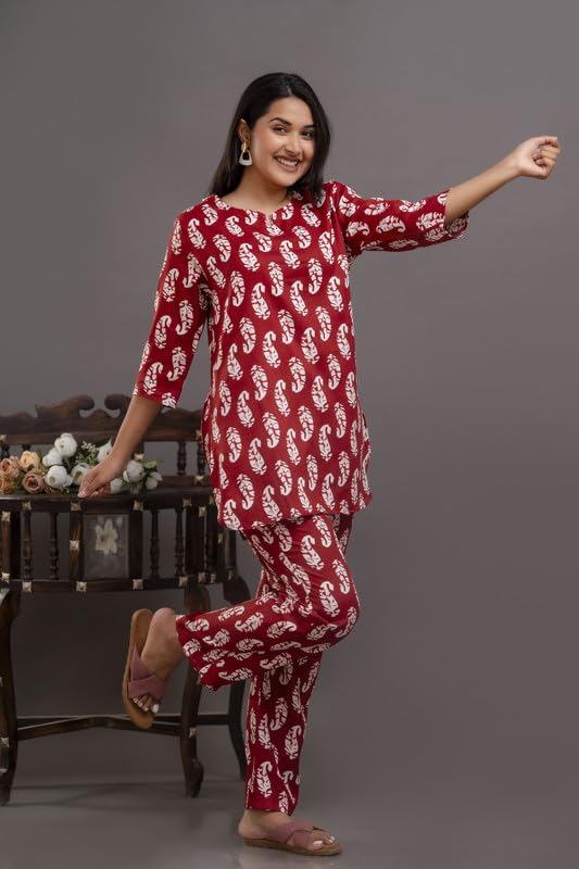 Image of Pure Cotton Printed Night Suit Top and Pyjama Set for Women's Night Dress of Shirt & Pyjama Set for Womens