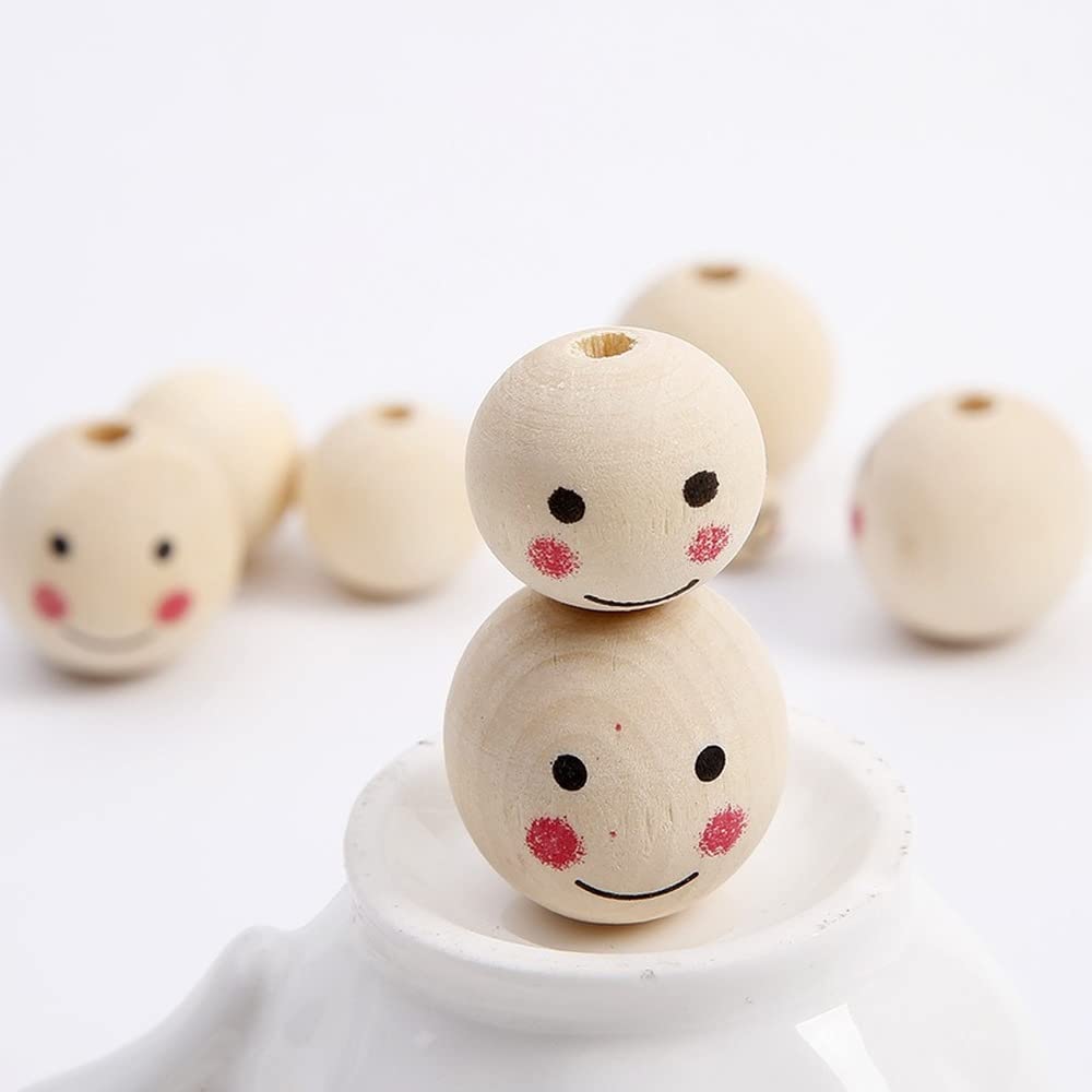 UNW 100Pcs Smiling Face Doll Head Wooden Beads 20mm Personalized Painted Wood Beads Charms Round Loose Jewelry Beads Polished DIY Craft Beads for Garland Home Decor and Jewelry Making