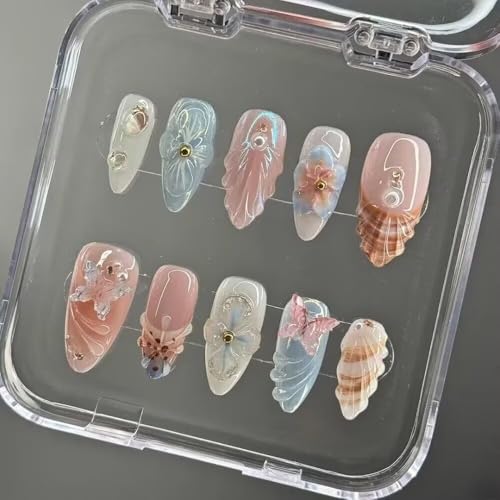 Handmade Press on Nails - Medium Almond Nails,Artificial Acrylic Nails Blue French Tips Stick on Nails 3D Pearl Fake Nails Summer False Nails for Women Manicure 10 Pcs (Size M)