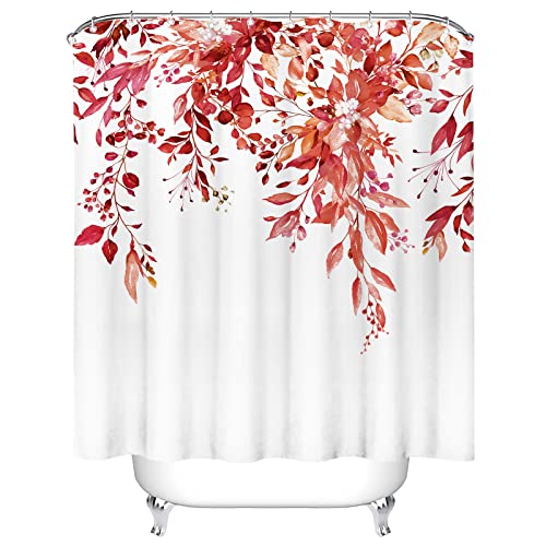 Tititex Red Eucalyptus Shower Curtain Sets, Watercolor Bright Burgundy Leaves on The Top Plant with Floral Bathroom Decoration 72x84 Inch with Hooks