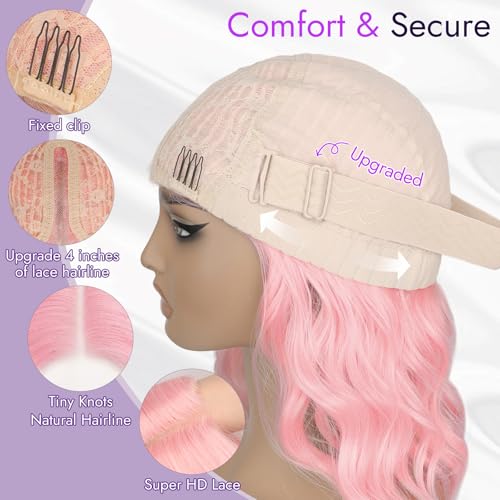 Image of Eawwii Light Pink Short Wavy Wig for Women Lace Hairline Bob Style Synthetic Heat Resistant - Natural Appearance for Everyday Hairstyle 14 Inch