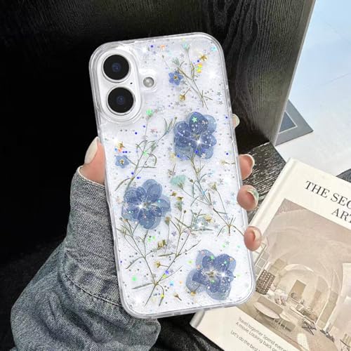 Coque iPhone 16 antichoc fleur bleue pailletée fine et esthétique - 4