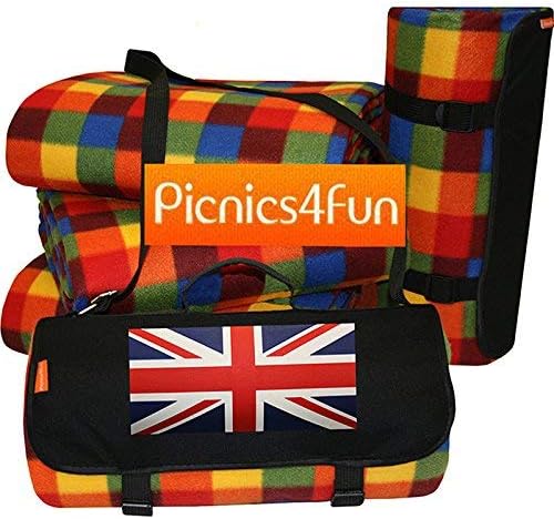 Extra Large Picnic Blanket Rug in Multi Coloured Check with Union Jack UK.