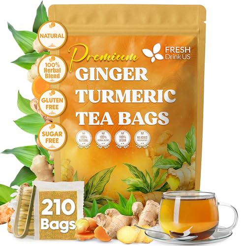 Image of FreshDrinkUS, Premium 210 Ginger Turmeric Tea Bags, 100% Natural Ingredients, Hand-made Blend of Ginger and Turmeric Herbal Tea, Eco-conscious Tea Bags. No Sugar, No Caffeine, No Gluten, Vegan.