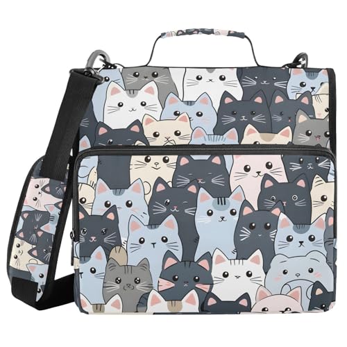 Image of 3 Ring Zipper Binder with Shoulder Strap Cat Cute Blue 1.5 inch Binders Keeper Large Capacity Multi Pockets for School Office Supplies