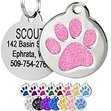 GoTags Paw Print Round Stainless Steel Pet Tag for Dogs and Cats, Personalized with 4 Lines of Custom Engraved ID Name and Number, in Stainless Steel and 15 Colors Small and Large, Glitter Light Pink