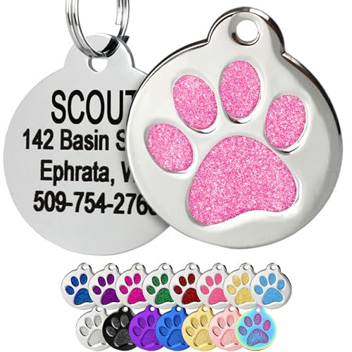 GoTags Paw Print Round Stainless Steel Pet Tag for Dogs and Cats, Personalized with 4 Lines of Custom Engraved ID Name and Number, in Stainless Steel and 15 Colors Small and Large, Glitter Light Pink
