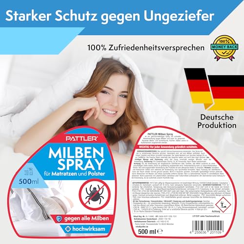 PATTLER® Milbenspray für Matratzen - 500ml. Anti Milben Spray Schonend & Giftfrei für Bettwäsche & Polster optimier. Kinder- & Tierfreundlich mit Langzeitschutz, nach PT19 Klassifizierung.