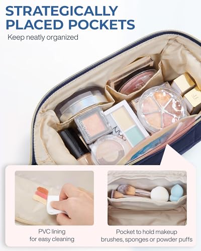 Image of BAGSMART Makeup Bag Travel Toiletry Bag, Puffy Padded Make Up Bags for Women Makeup Organizer Case, Wide-open Pouch Purse Travel Essentials Toiletries Accessories Brushes, Navy Blue