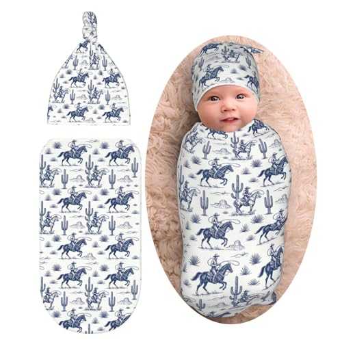 Image of Cowboy Cactus Western Newborn Baby Swaddle Blanket Baby Stuff,with Beanie hat Sets, Soft Gifts for Unisex Boys Girls Shower Infant