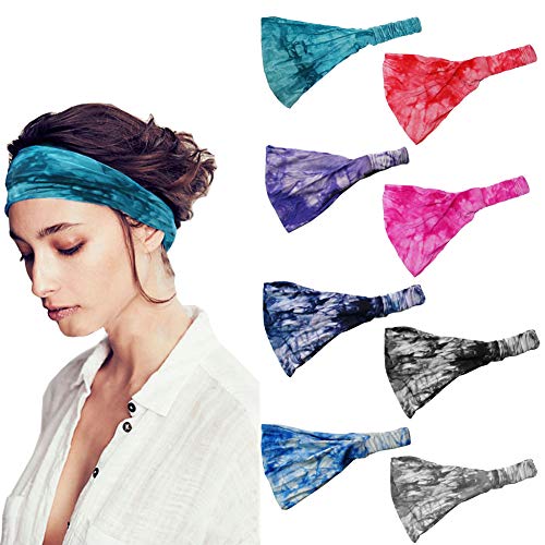 8Pcs Wide Elastic Headband for Women Boho Bandana Headbands Yoga Sports Headband Outdoor Hairband Adjustable Turban Headwrap Hair Accessories for Women Girls