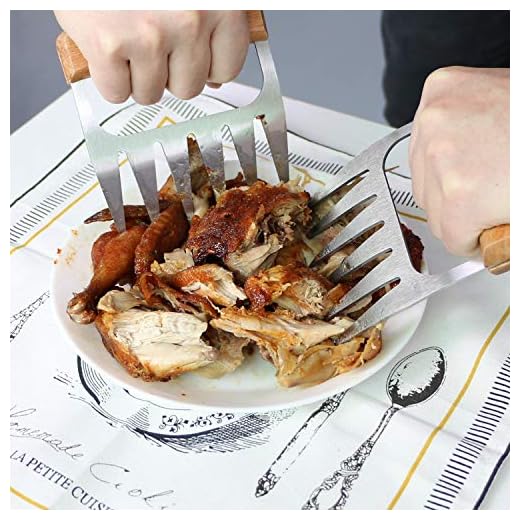 GHEART Meat Claws Shredder BBQ Bear Claws Stainless Steel Set Metal Pulled Pork Chicken Barbecue Kitchen Claws with Wood Handle for Shredding, Pulling, Lifting Set of 2