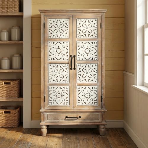 Image of KTART 55'' Solid Wood Tall Storage Cabinet,Kitchen Pantry Storage Cabinets | French Country Accent Cabinet with Shelves and Drawers,Solid Wood China Cabinet with Embossed Floral Metal Doors,Natural Wood