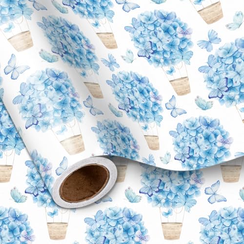 Rouleau de papier cadeau bleu hortensia pour mariage et baptême d'enfant