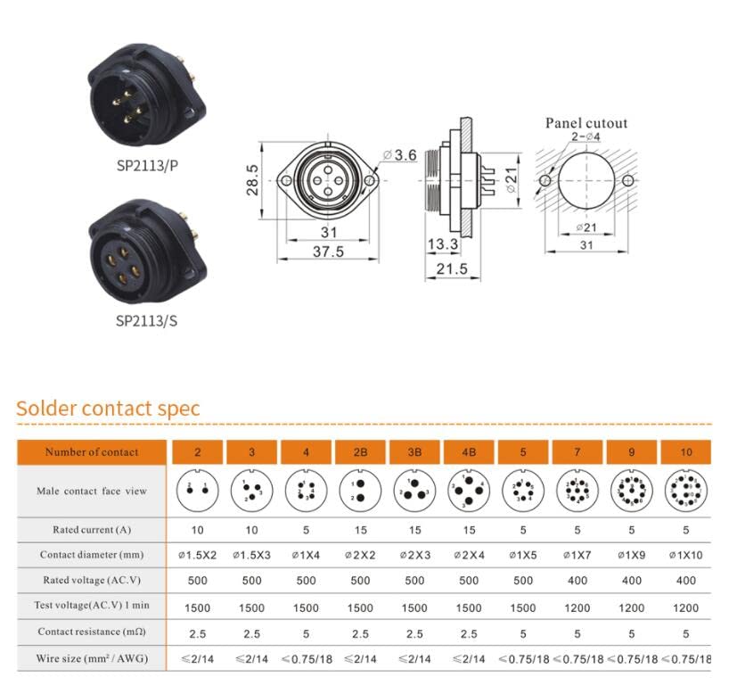 ZBLZGP WEIPU SP21 5 Pin Industrial Plastic IP68 Male Plug Female Socket Waterproof Connector Flange Cable Wire Aviation Connectors SP2110/P+SP2113/S - Image 3