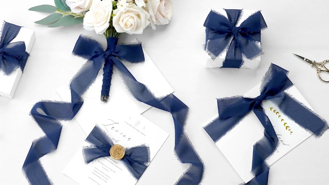 24 Yard Navy Blue Chiffon Ribbon - 4 Rolls Of 1.5 Inch Handmade Fringe Silk Ribbon For Wedding Bouquets & Gifts
