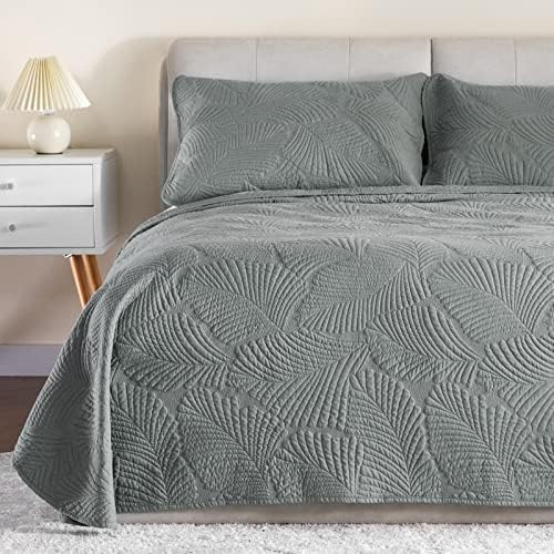 3 Piece Leaf Stitched Bedspread Quilted Blanket Set Double Size filled with Cotton, Premium Bedding Comforter Coverlet Set, Soft Microfiber Coverlets with Embroidered Leaf Pattern  Beige