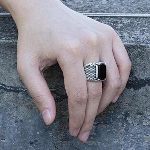 Skoomen Sterling Silver Ring For Men, Black Aqeeq Silver Ring With Jewelry Box, Ottoman Gem Stone Ring For Dad, Large Punk Hippie Ring Band Gifts For Christmas Birthday (Size 11) #TOP1