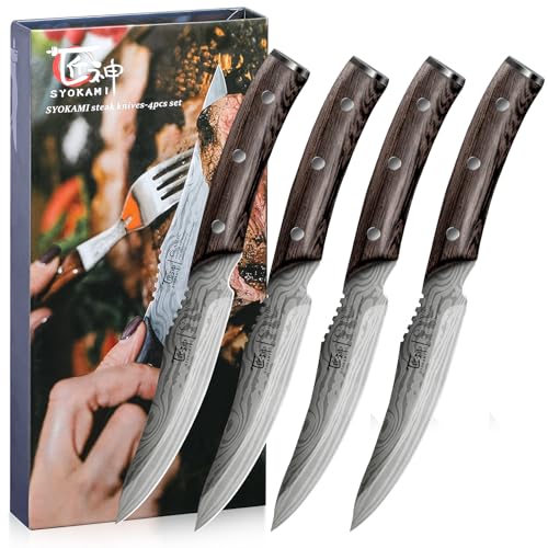 SYOKAMI Steakmesser Set 4 Teilig, 12,2cm Ugezahntes Steakmesser aus japanischem Edelstahl mit hohem Kohlenstoffgehalt und Holzgriff, Damastmuster,...