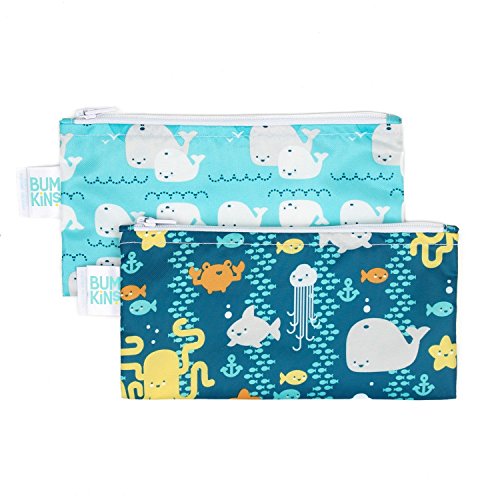 Bumkins Snack Bags, Reusable Fabric, Washable, Food Safe, BPA Free - Sea Friends & Whales Away (2-Pack)