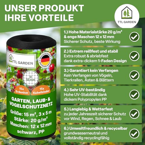 TTL GARDEN 3x5m Vogelschutznetz 20g/m² schwarz engmaschig 12x12mm Masche -