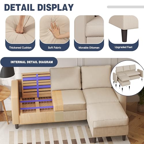Image of Shintenchi L Shaped Sectional Sofa Couch,Convertible Modular Sofas with Movable Ottoman,3-Seat Upholstered Corduroy Couch,Small Couches for Living Room,Apartment,Office(Beige)