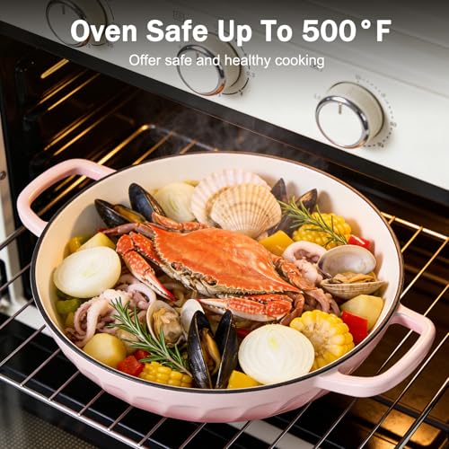 NSIRONS Enameled Cast Iron Braiser Pan,Petal-shaped Skillet with Lid,3.8 Quart Dutch Oven Pot,Shallow Dutch Oven for Cook, Oven-Safe up to 500°F, Induction-Safe, Heat-Retaining, Non-Toxic Enamel Braiser Cookware (Pink) by NSIRONS - Used condition - Image 6